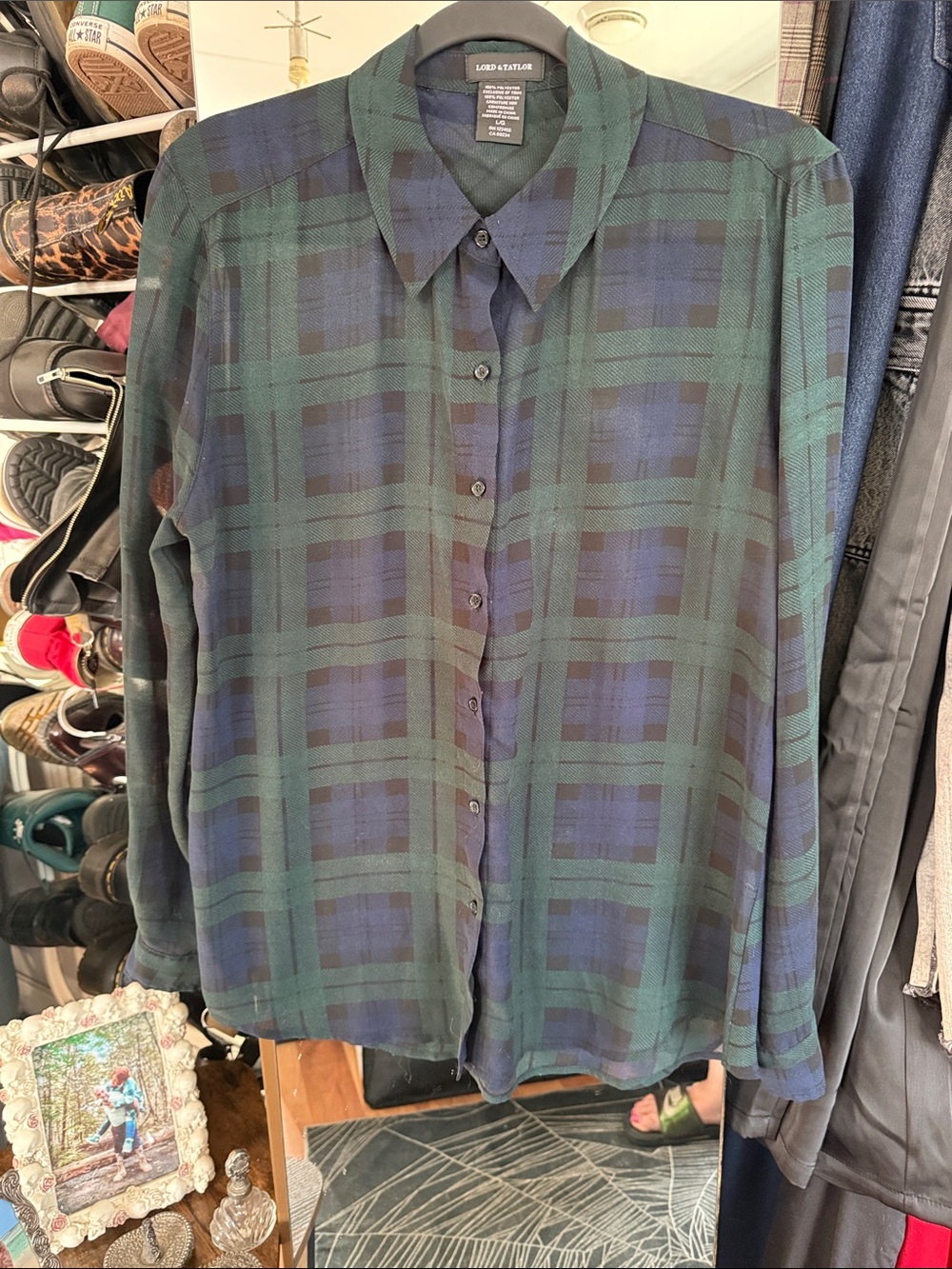 Lord & Taylor Green and Navy Plaid Button-Front Blouse